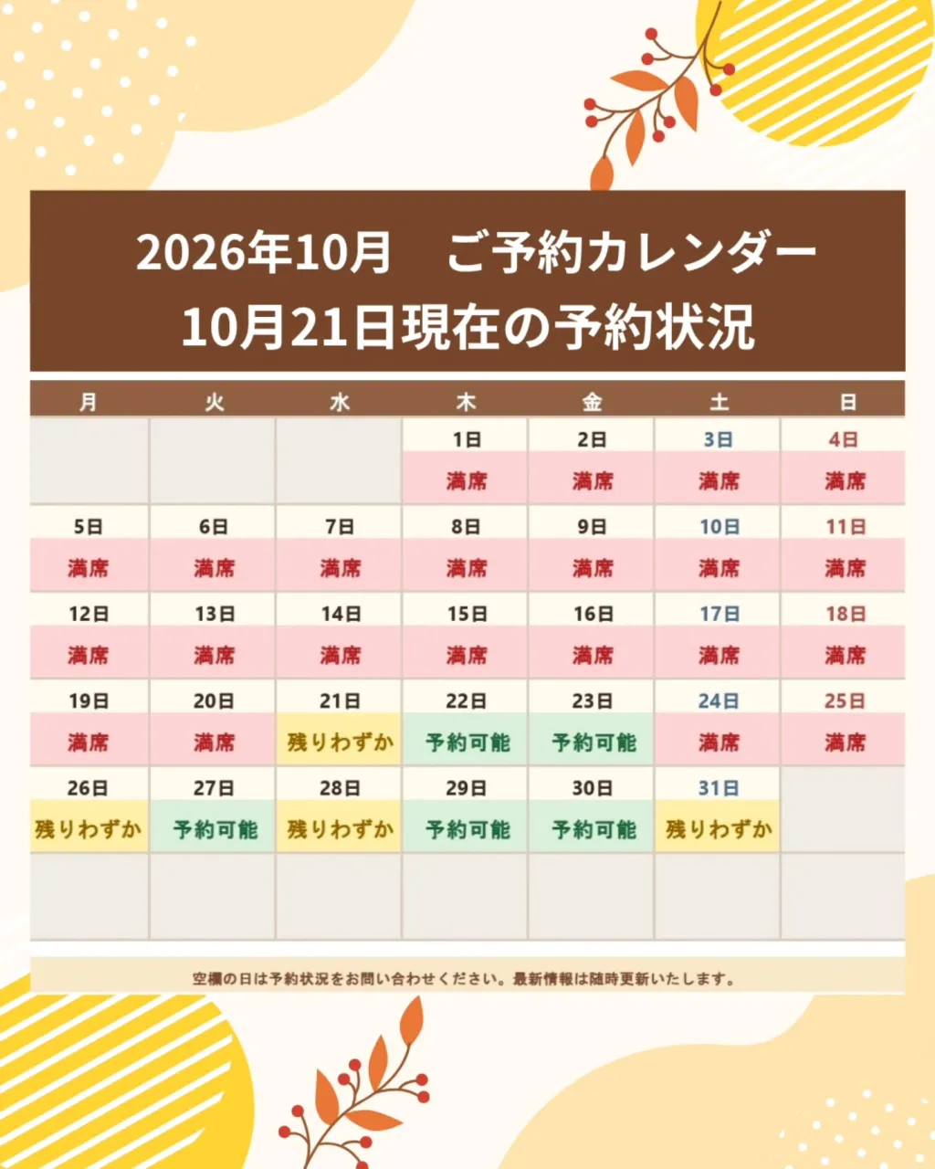 ひろちゃん栗園 農Cafeより、ご予約状況のお知らせです🌰